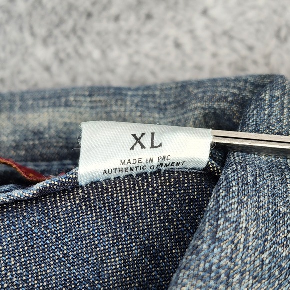 Christian Audigier Denim Shirt Men's XL Blue Med Wash Western Pearl Snap Pockets - Picture 5 of 10